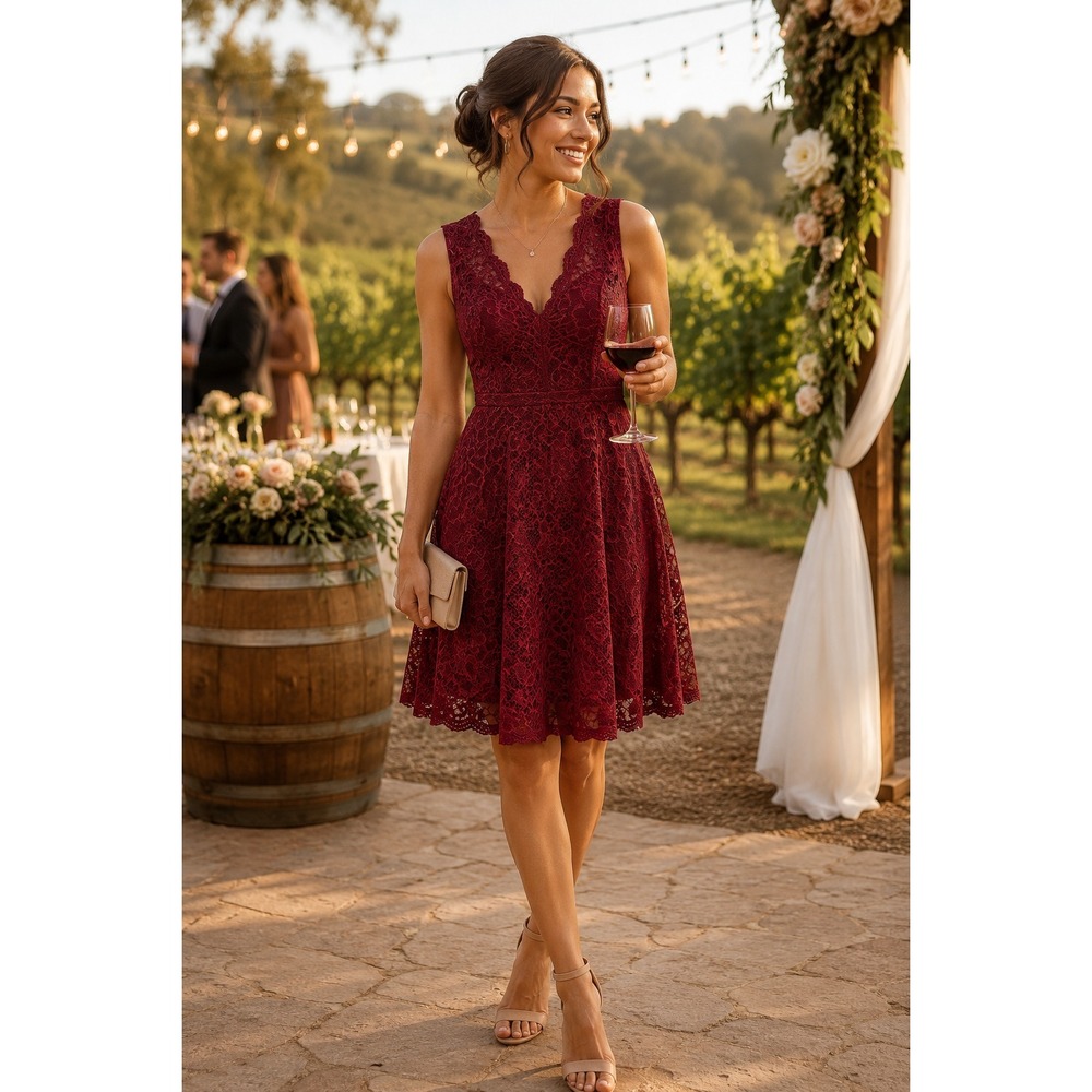 Burgundy Red Lace Fit Flare Dress Size M V Neck Sleeveless NWT Wedding Guest
